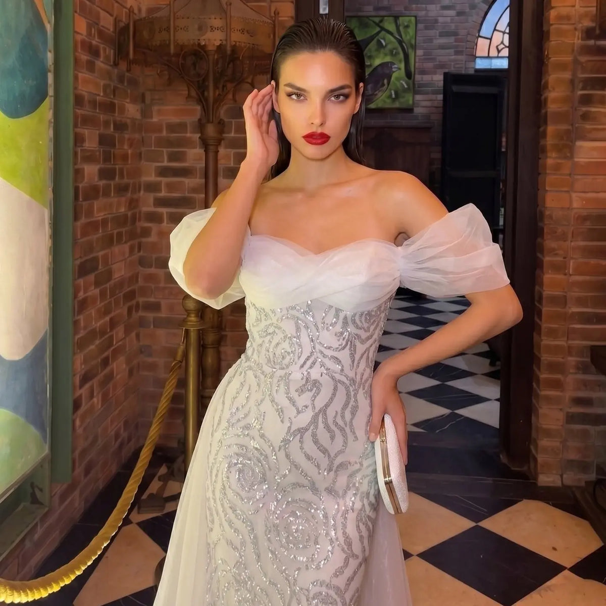 sheer off the shoulder dress Elegant White Off-Shoulder Beaded Mermaid Evening Dress with Sheer Tul – SHARONSAID