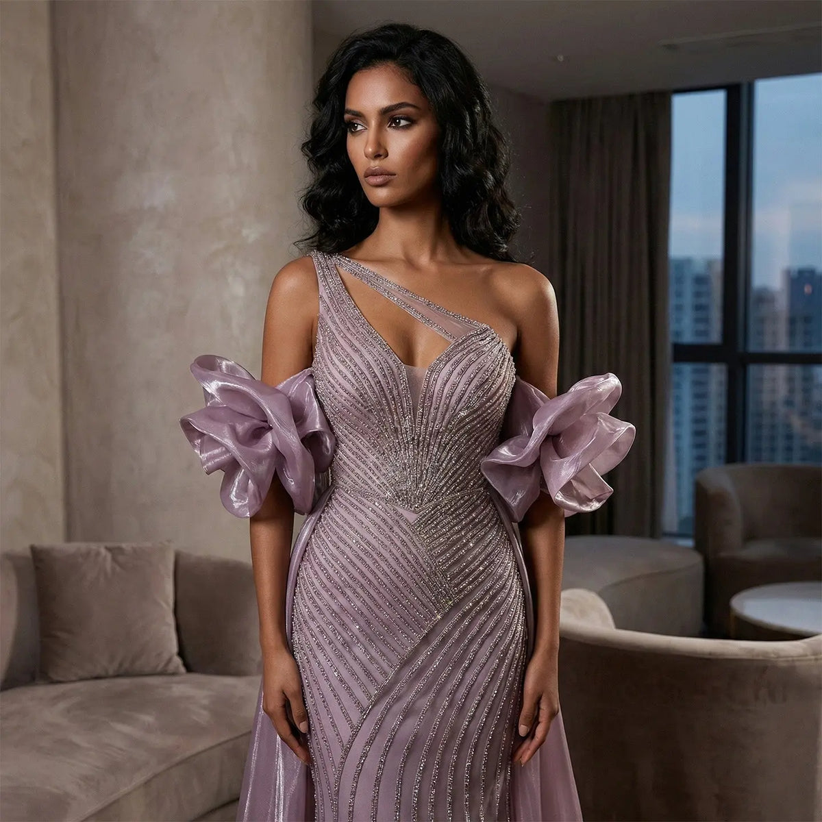 Luxury Dusty Pink Beaded One-Shoulder Fitted Evening Dress with Cape SS016 