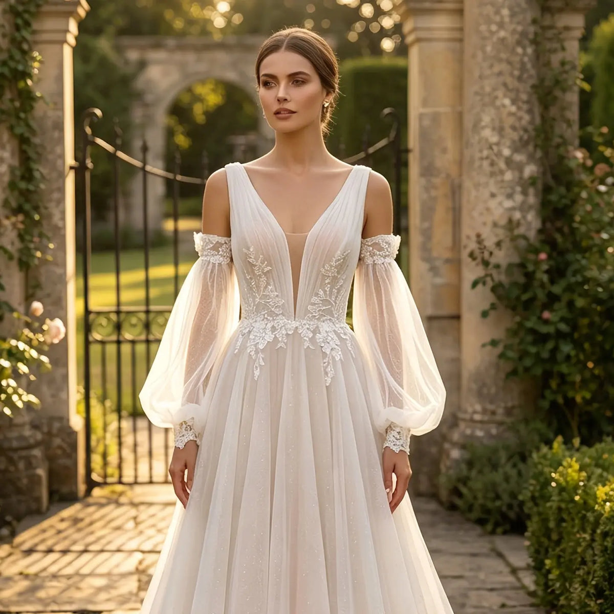 Elegant V-Neck Detachable Puff Sleeve Lace Tulle Bridal Gown with Train SW708