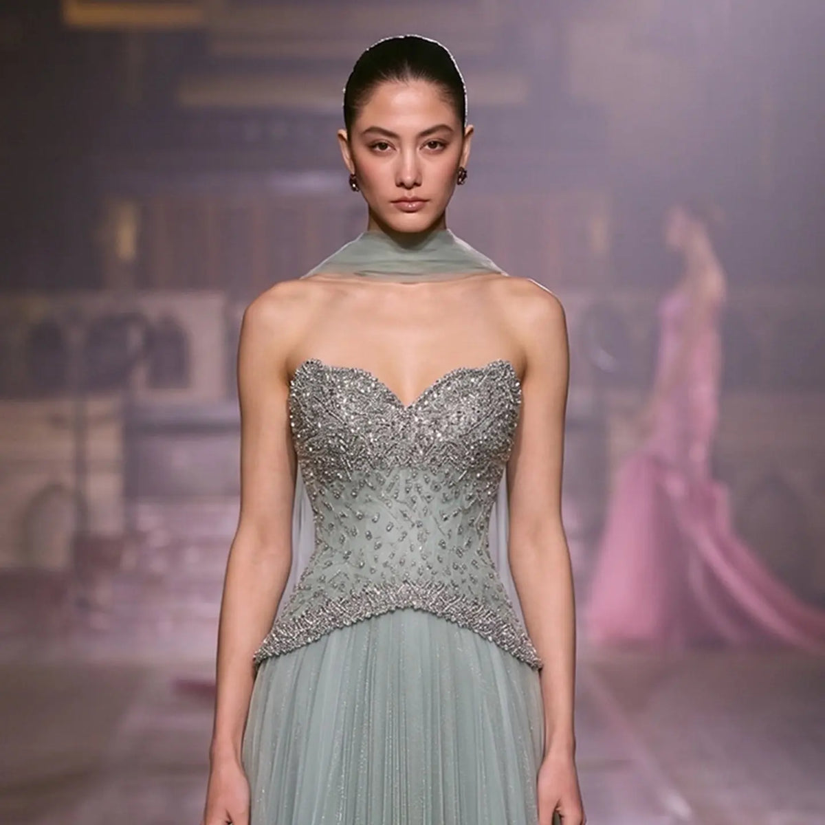 beaded sage green dress Primavera 3913 V-Neck Long Sequin Prom Dress -PromGirl Black / 14