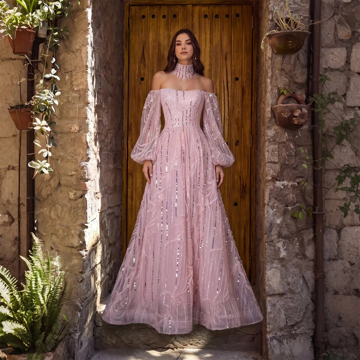 Dusty Pink Sequin A Line Evening Gown Off the Shoulder Puff Long Sleeve Formal Dress SS411
