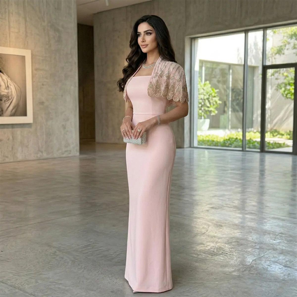 capelet formal dress Applique Satin Capelet Slit Gown by Ladivine CDS499