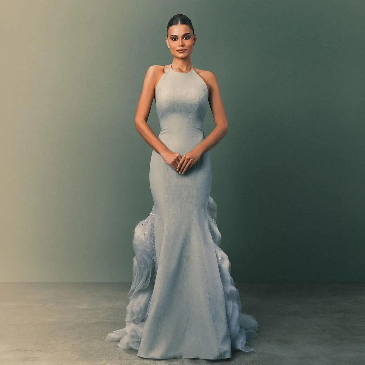 Final Sale Stunning Blue Halter Evening Dress with Ruffles SS524 Final Sale Stunning Blue Halter Evening Dress with Ruffles SS524