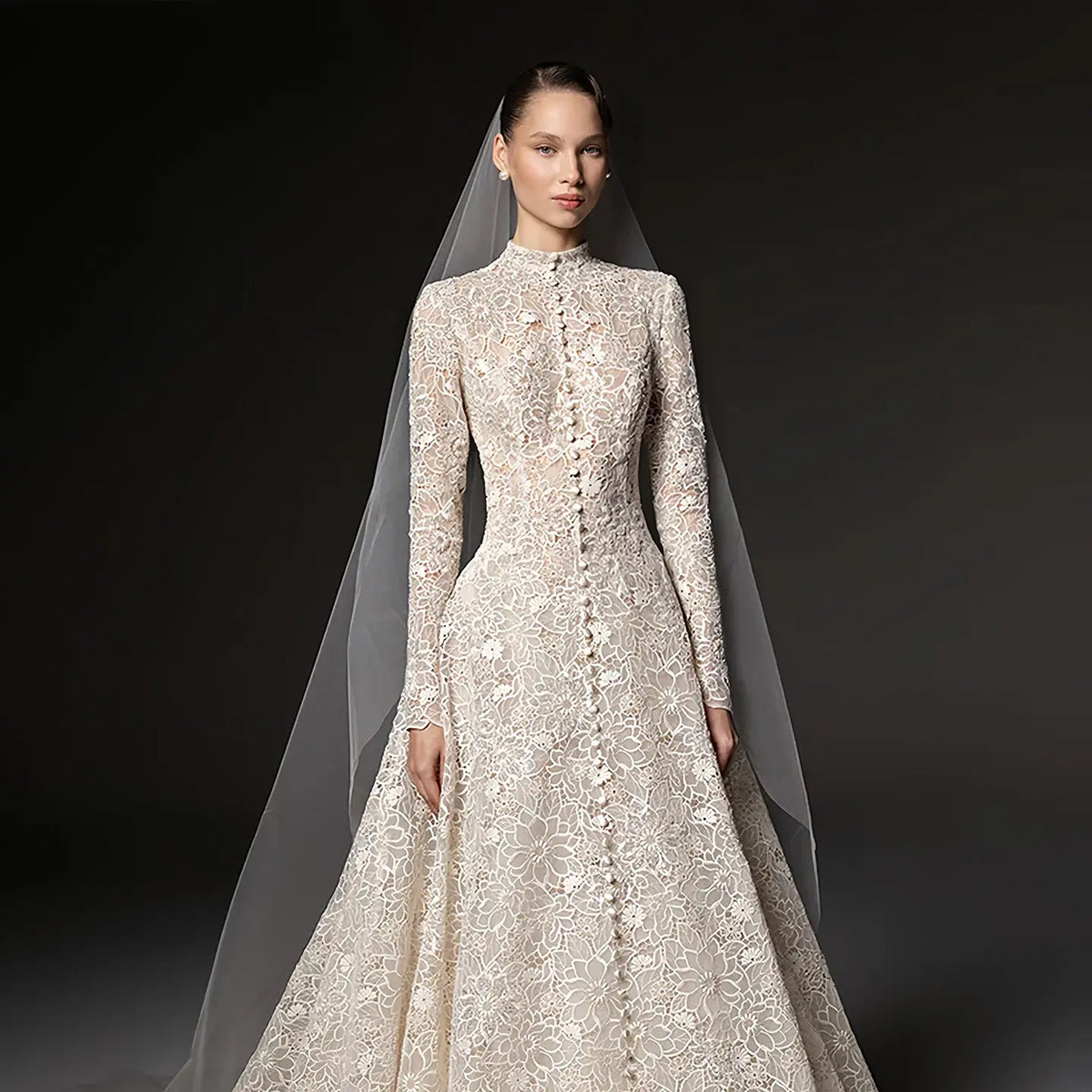 lace button wedding dress High-Neck Long Sleeve Lace A-Line Wedding Dress With Buttons