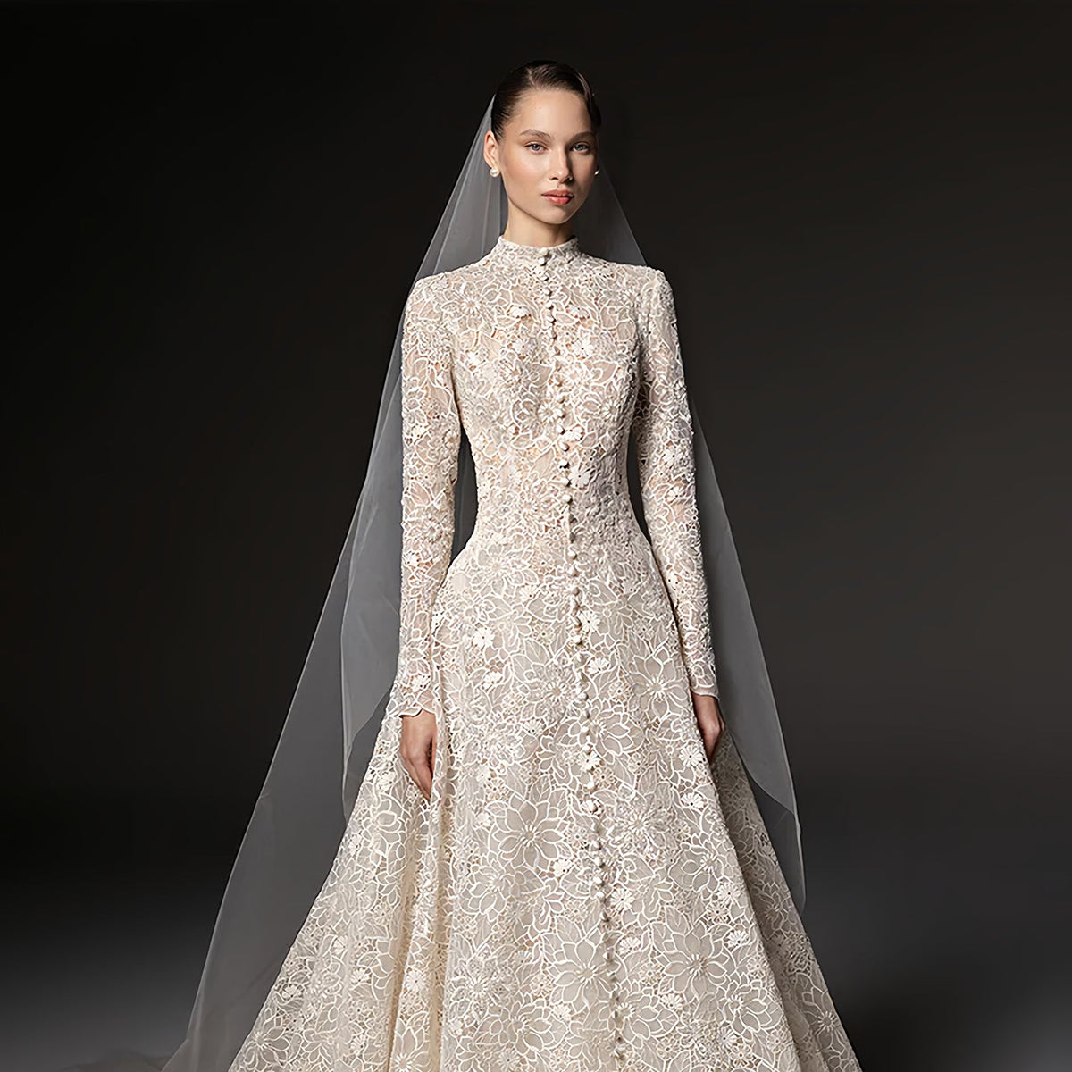 Luxury High Neck Long Sleeve Lace A-Line Wedding Dress with Buttons SW669 