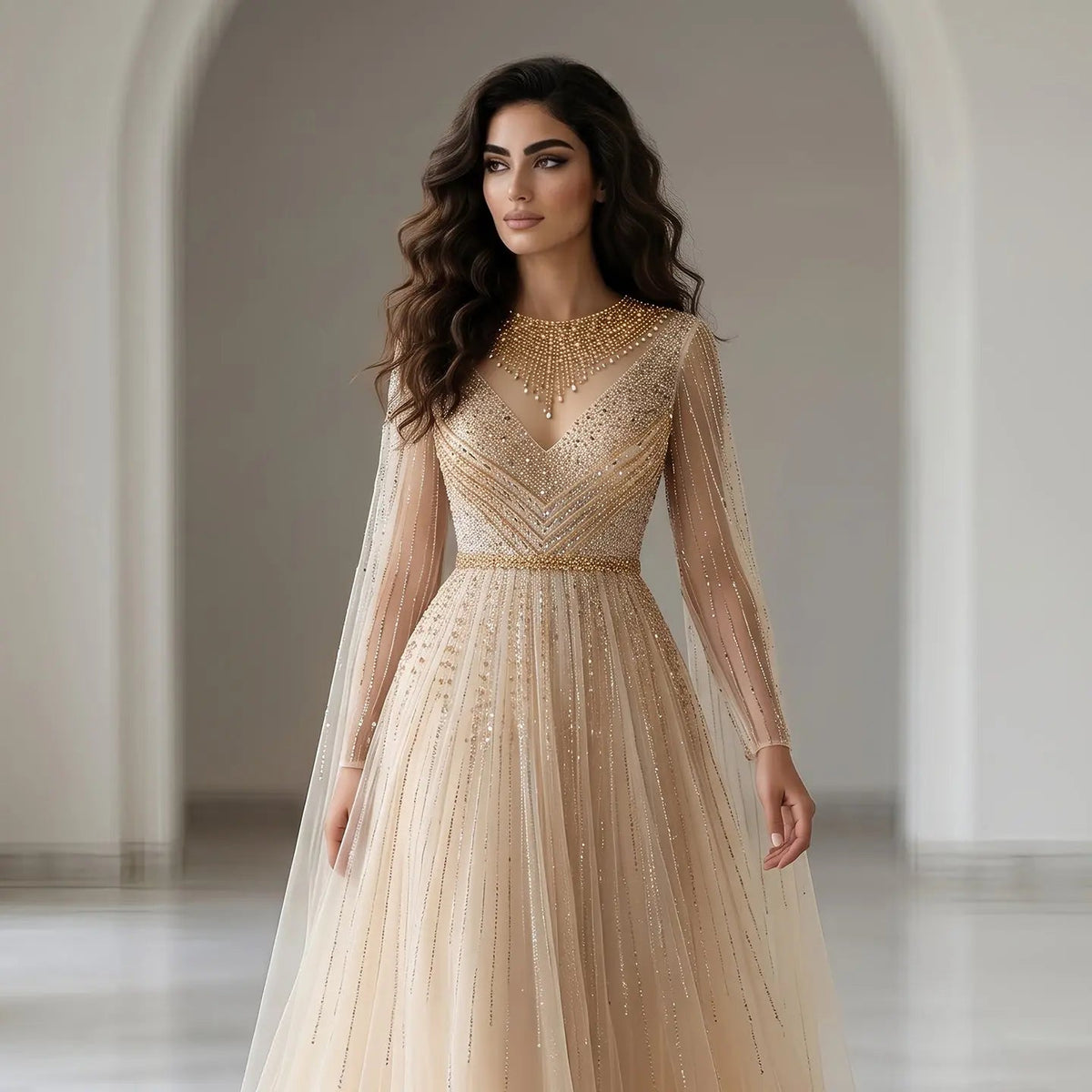 Glamorous Pink Illusion Neck Beaded Chiffon Evening Dress with Cape Sleeves SS054 