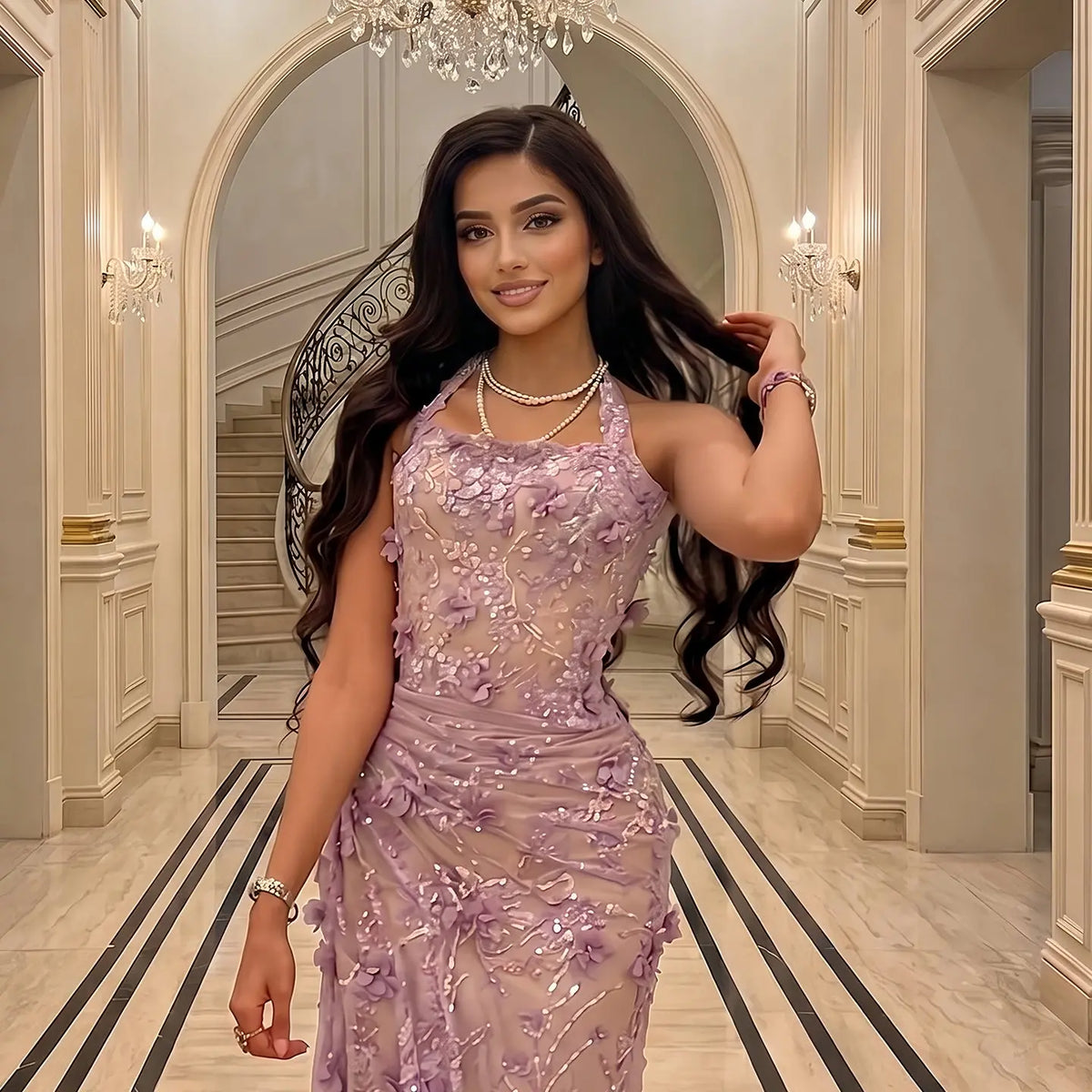 Lilac Lavender Sequin Lace Halter Evening Dress SF524