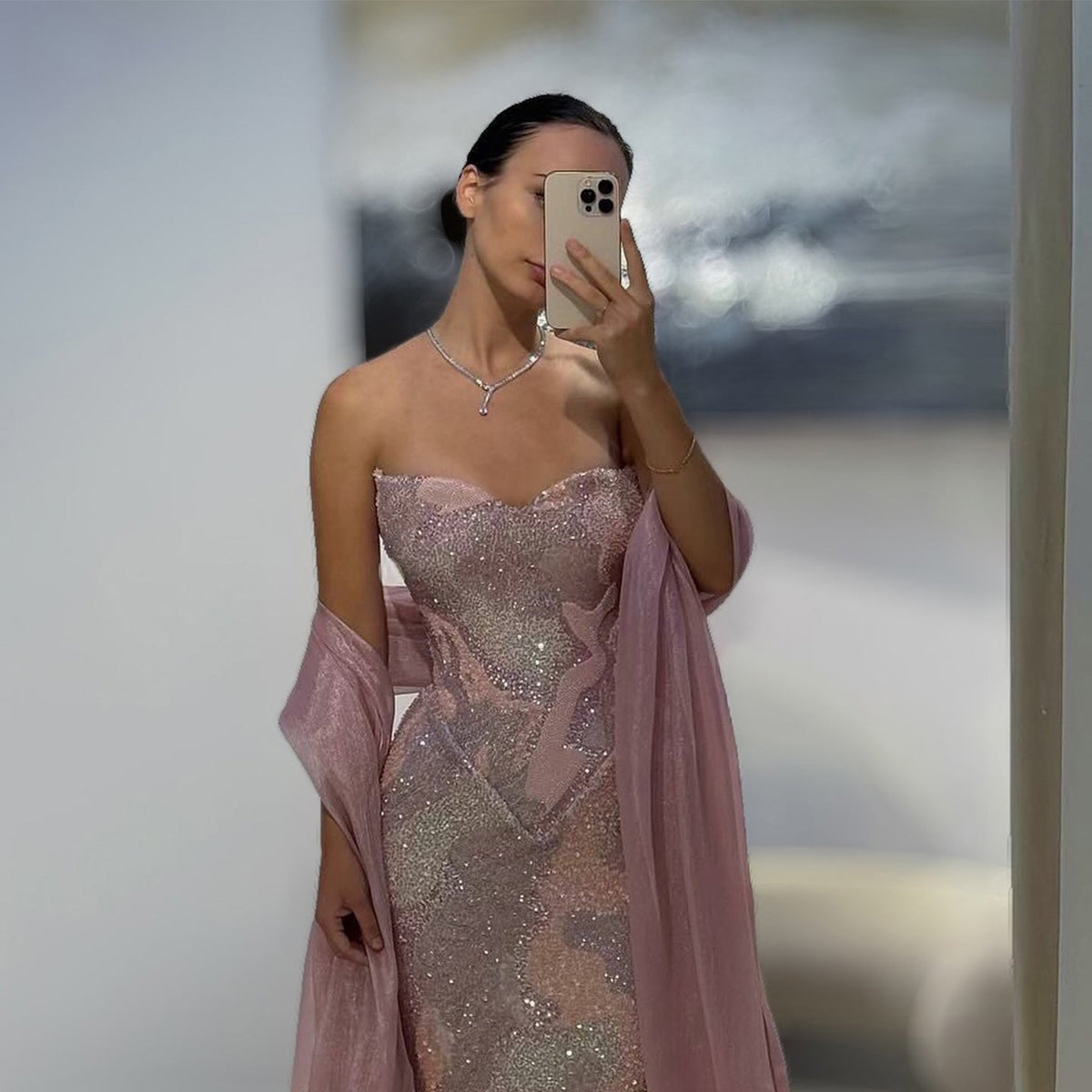 Elegant Pink Crystal Embellished Mermaid Evening Dress with Cape SS658 