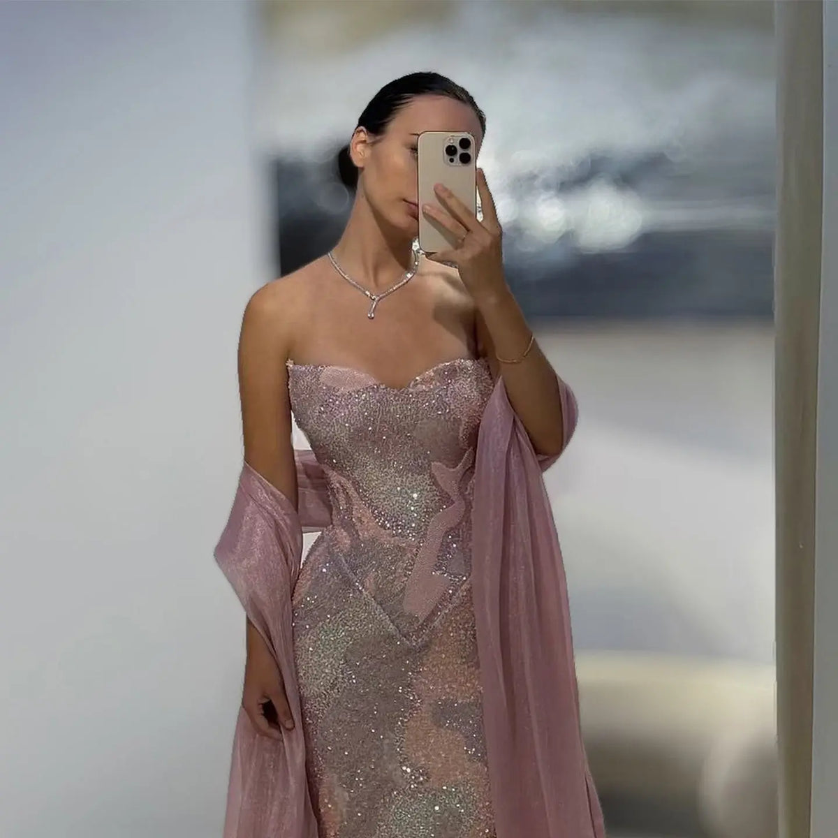 Elegant Pink Crystal Embellished Mermaid Evening Dress with Cape SS658 