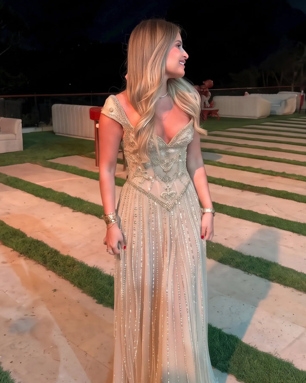Champagne Beaded A Line Evening Dress SS332