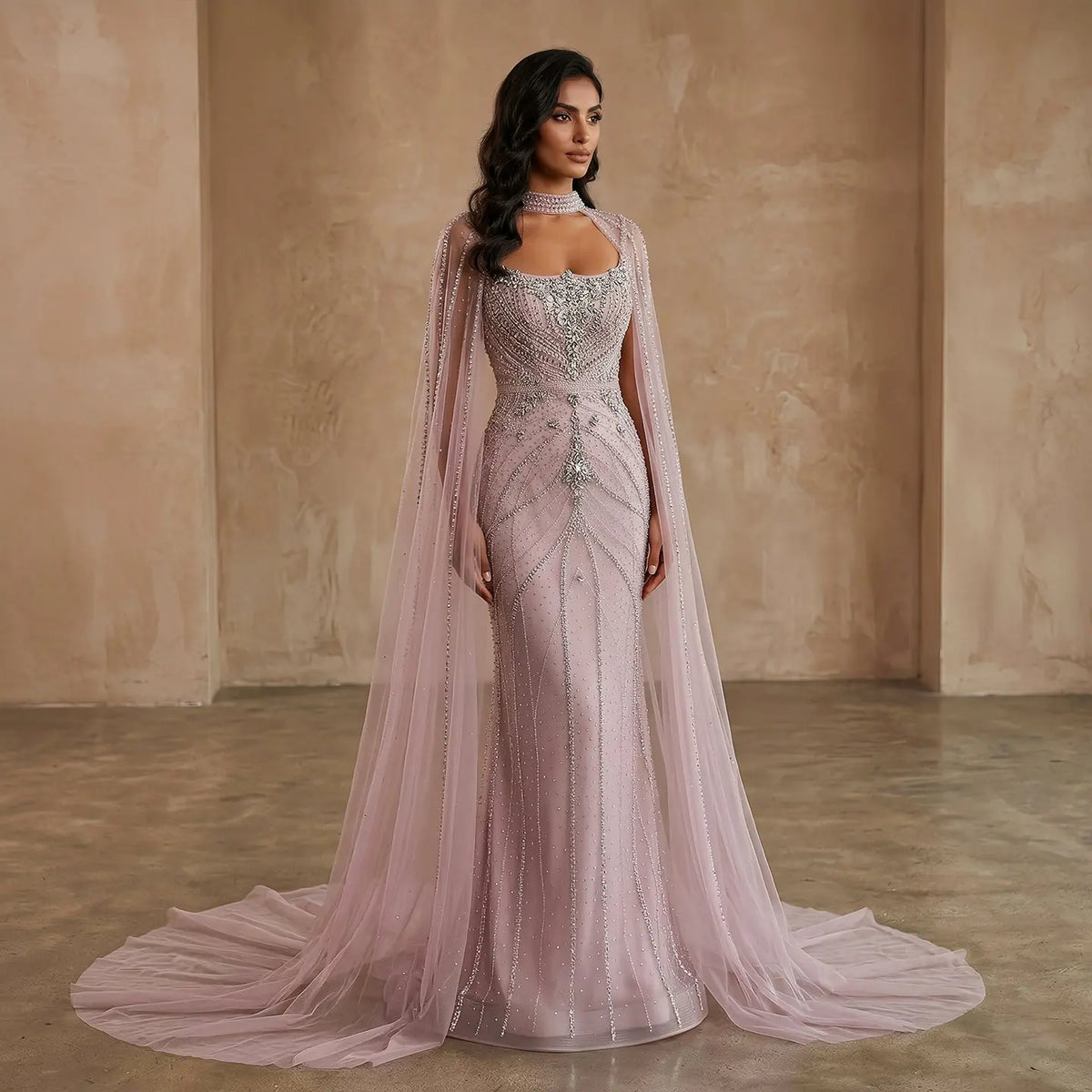 Luxury Champagne Halter Neck Cape Sleeve Beaded Evening Dress SS131 SHARONSAID Luxury Champagne Halter Neck Cape Sleeve Beaded Evening Dress SS131 SHARONSAID