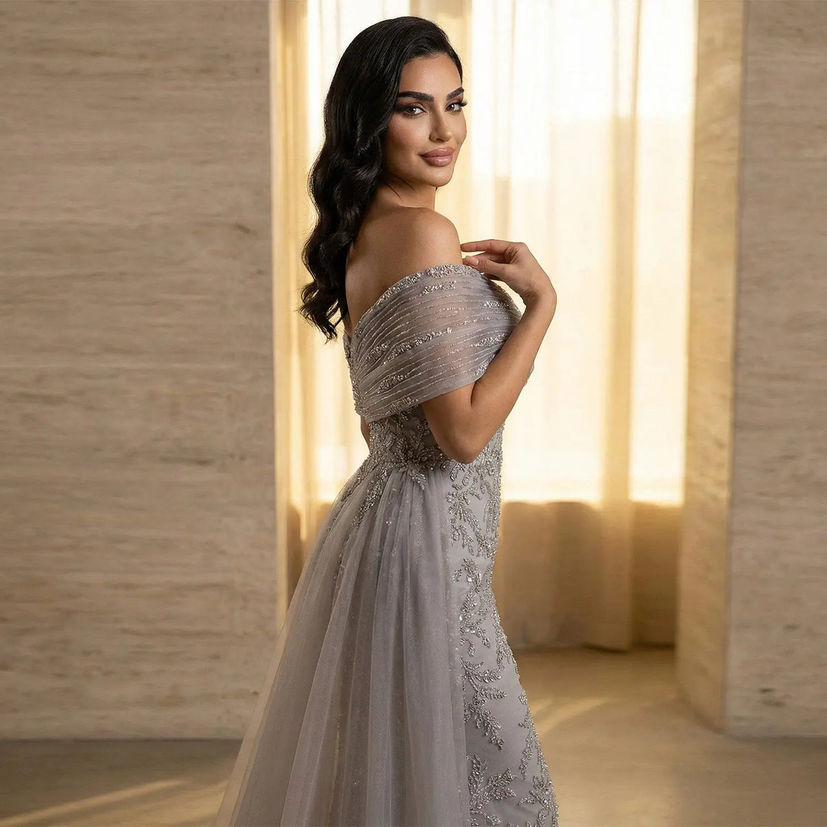 Luxury Gray Off-the-Shoulder Beaded Sheer Mermaid Evening Dress SS527 