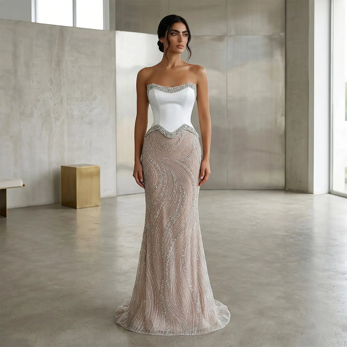 Chic White Crystal Beaded Wave Pattern Mermaid Evening Dress SS790