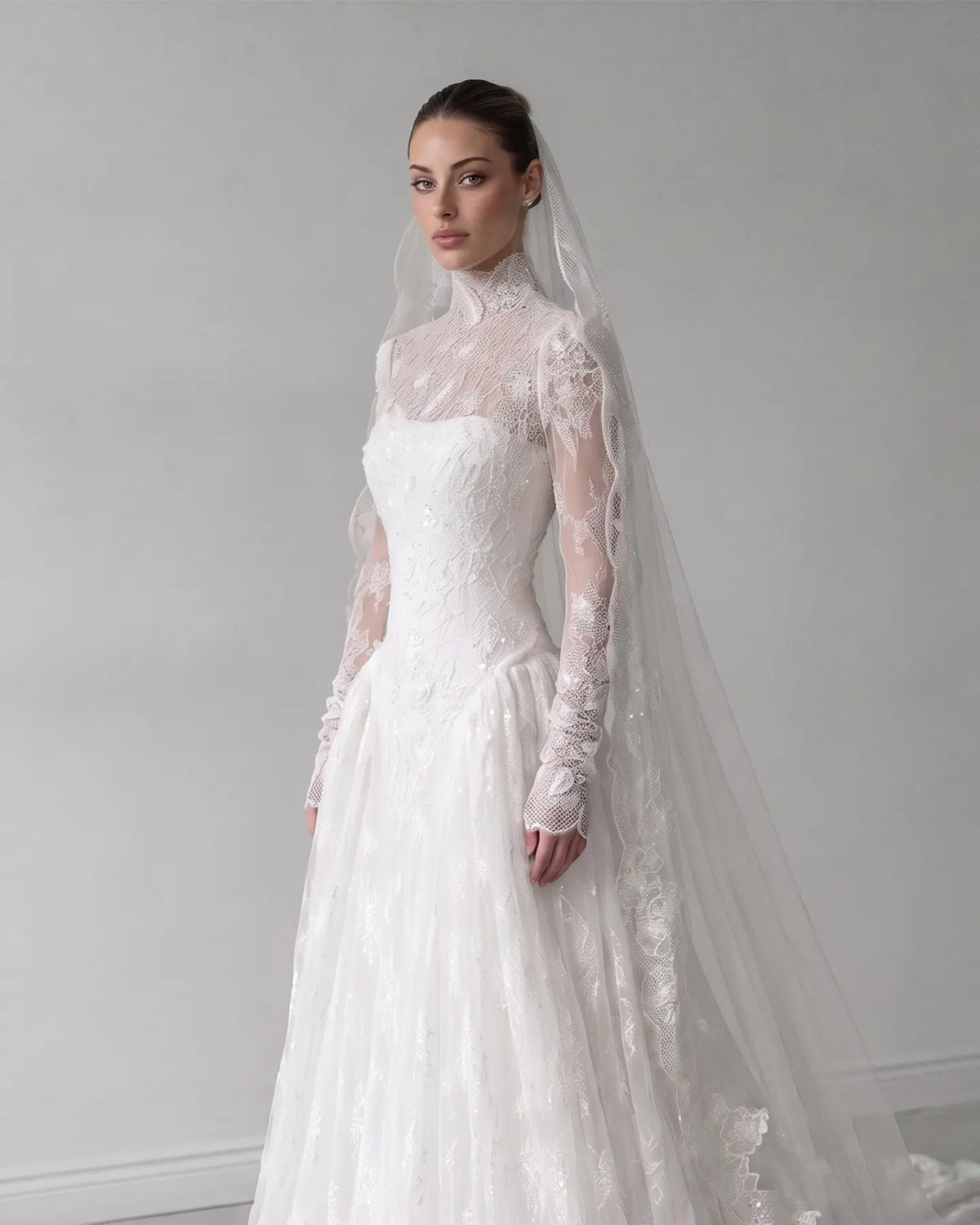 Ivory Lace High Neck A Line Wedding Dress SW275