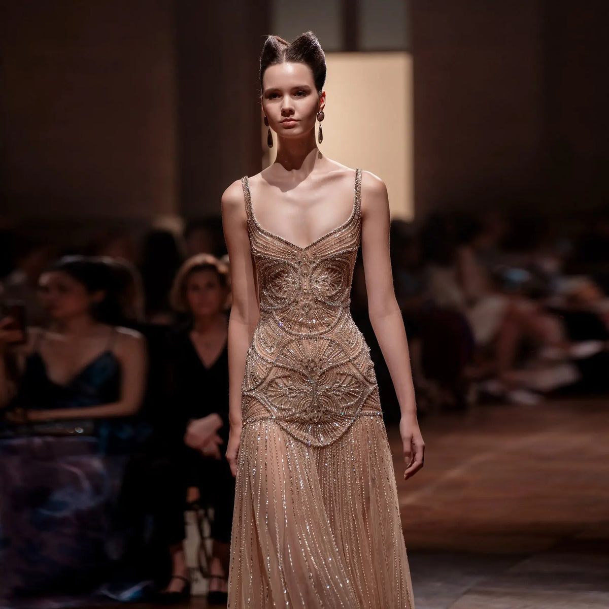 Elegant Champagne Ruffled Beaded Evening Dress - SS552 SHARONSAID Elegant Champagne Ruffled Beaded Evening Dress - SS552 SHARONSAID