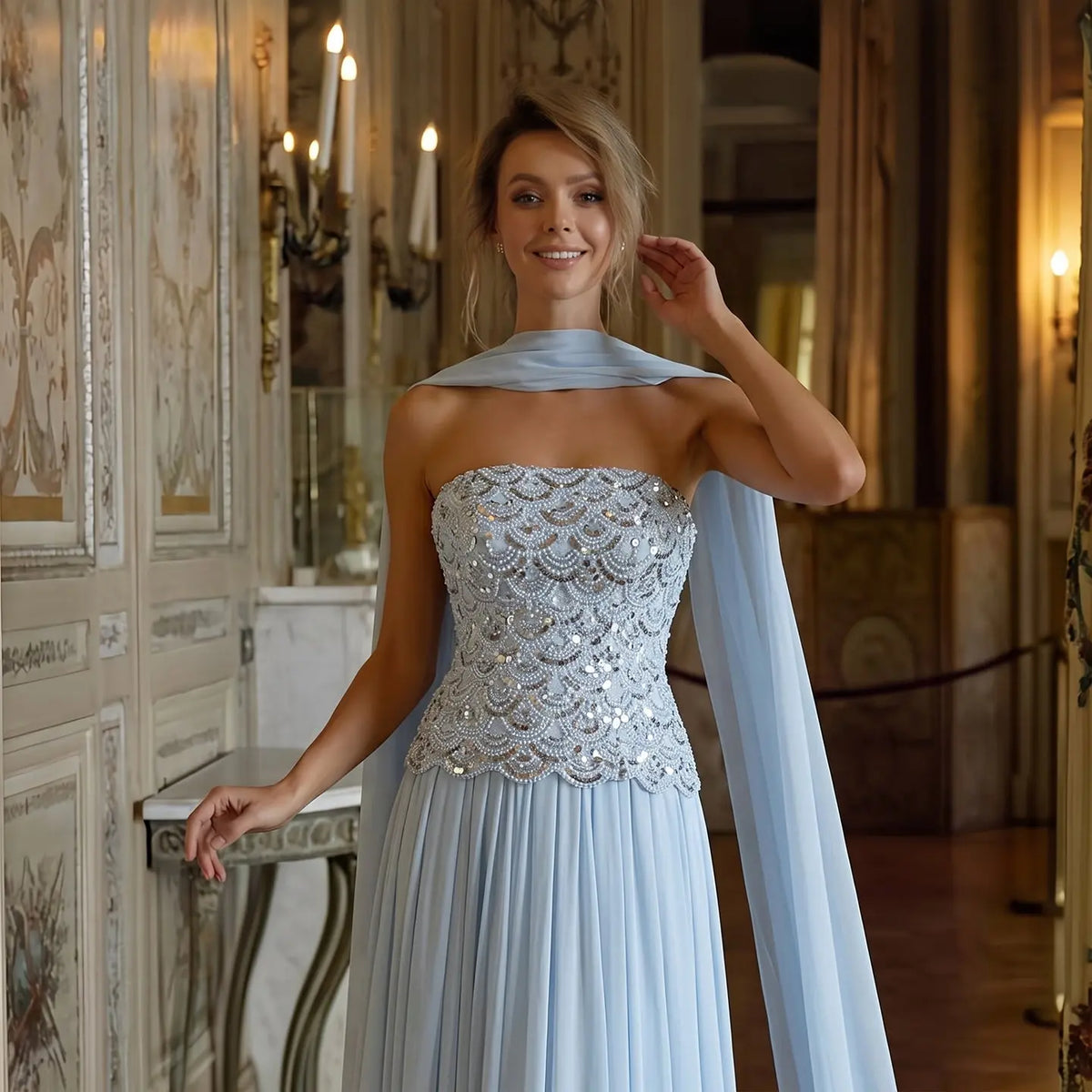 Ice Blue Sequin Strapless Evening Dress SS651