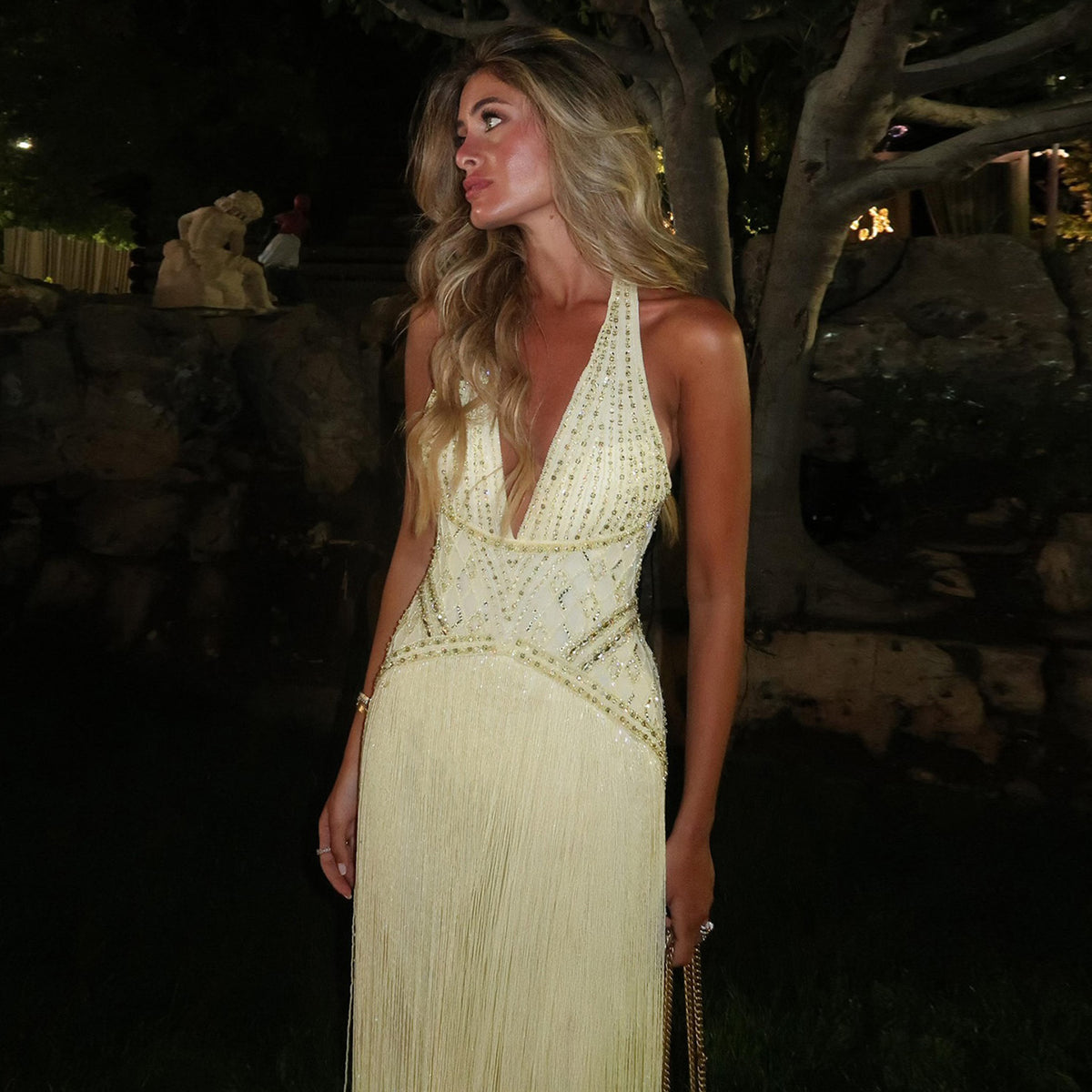 Exquisite Yellow Beaded Halter Neck Deep V Gala Evening Dress SS554 