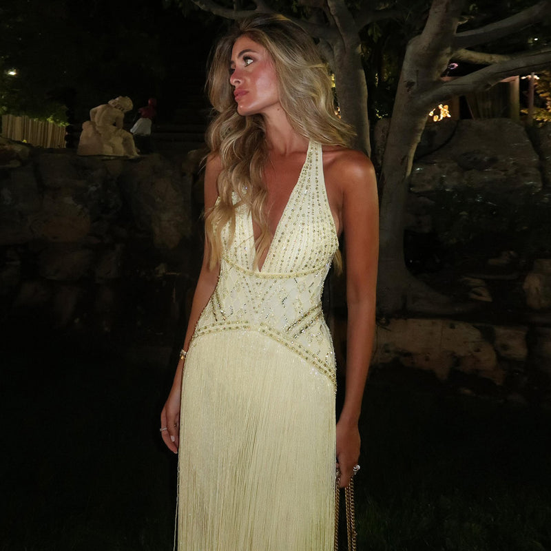 Exquisite Yellow Beaded Halter Neck Deep V Gala Evening Dress SS554 