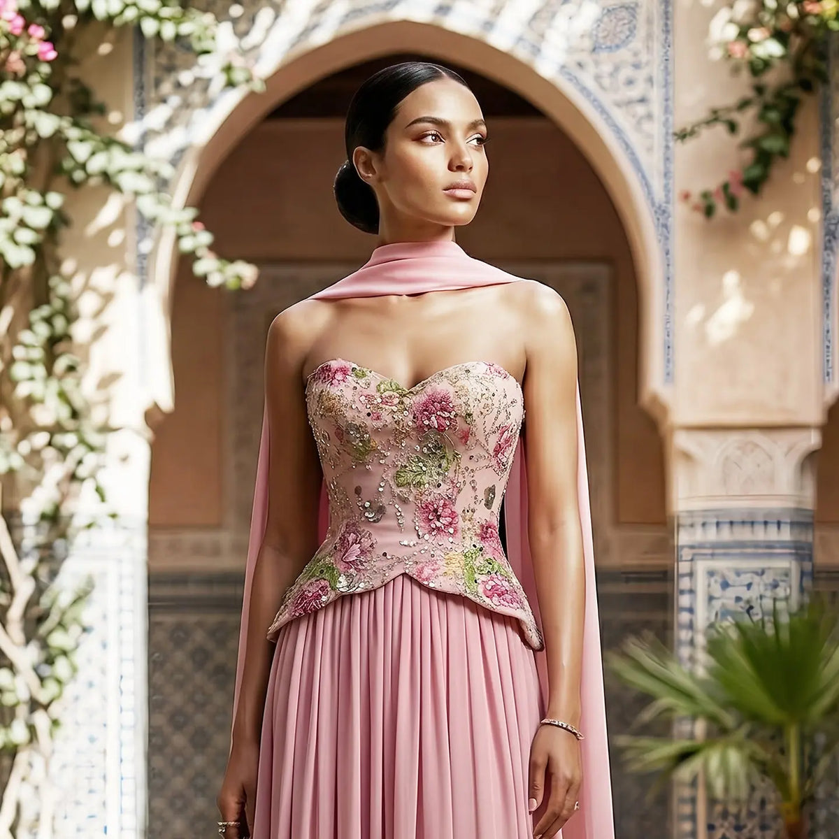 Chic Pink Floral Embellished Peplum Chiffon Evening Dress with Scarf SS480 