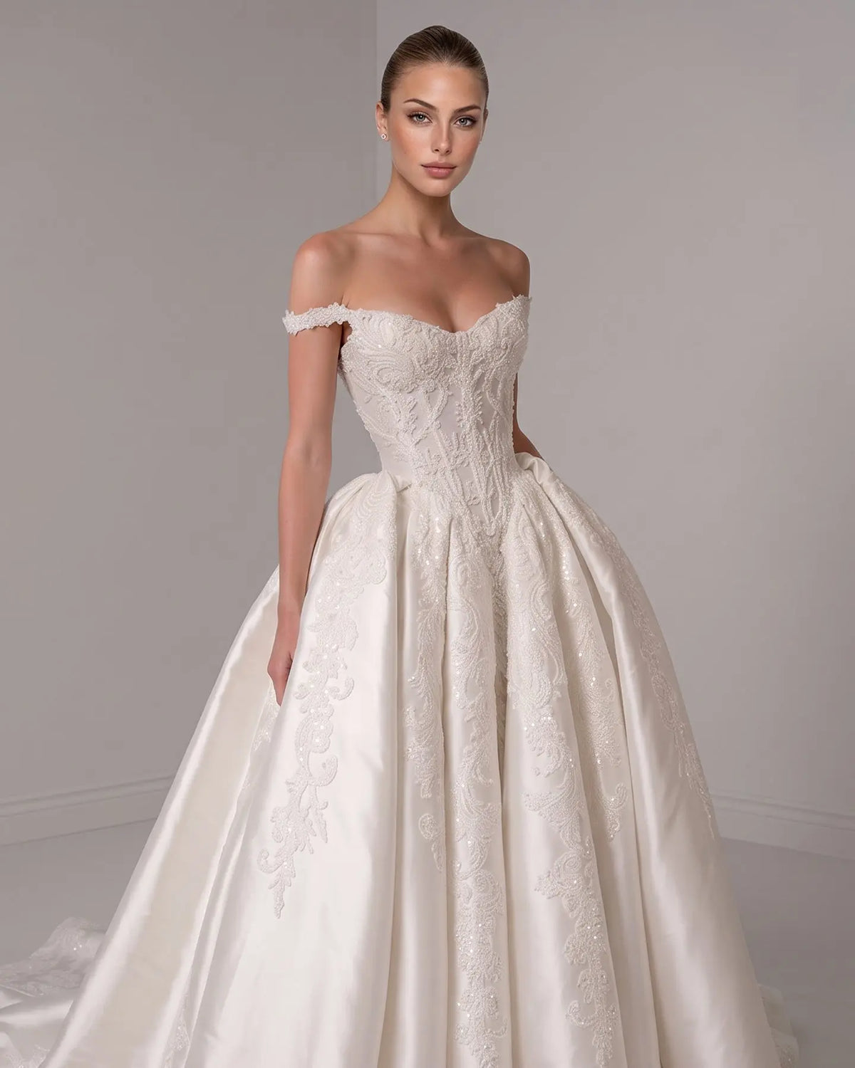 White Lace Embroidery Satin Wedding Dress SW163