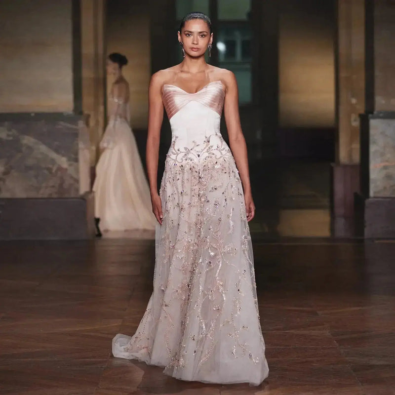 Luxury Pink Embroidered Beaded Strapless Fitted Evening Dress SS529 