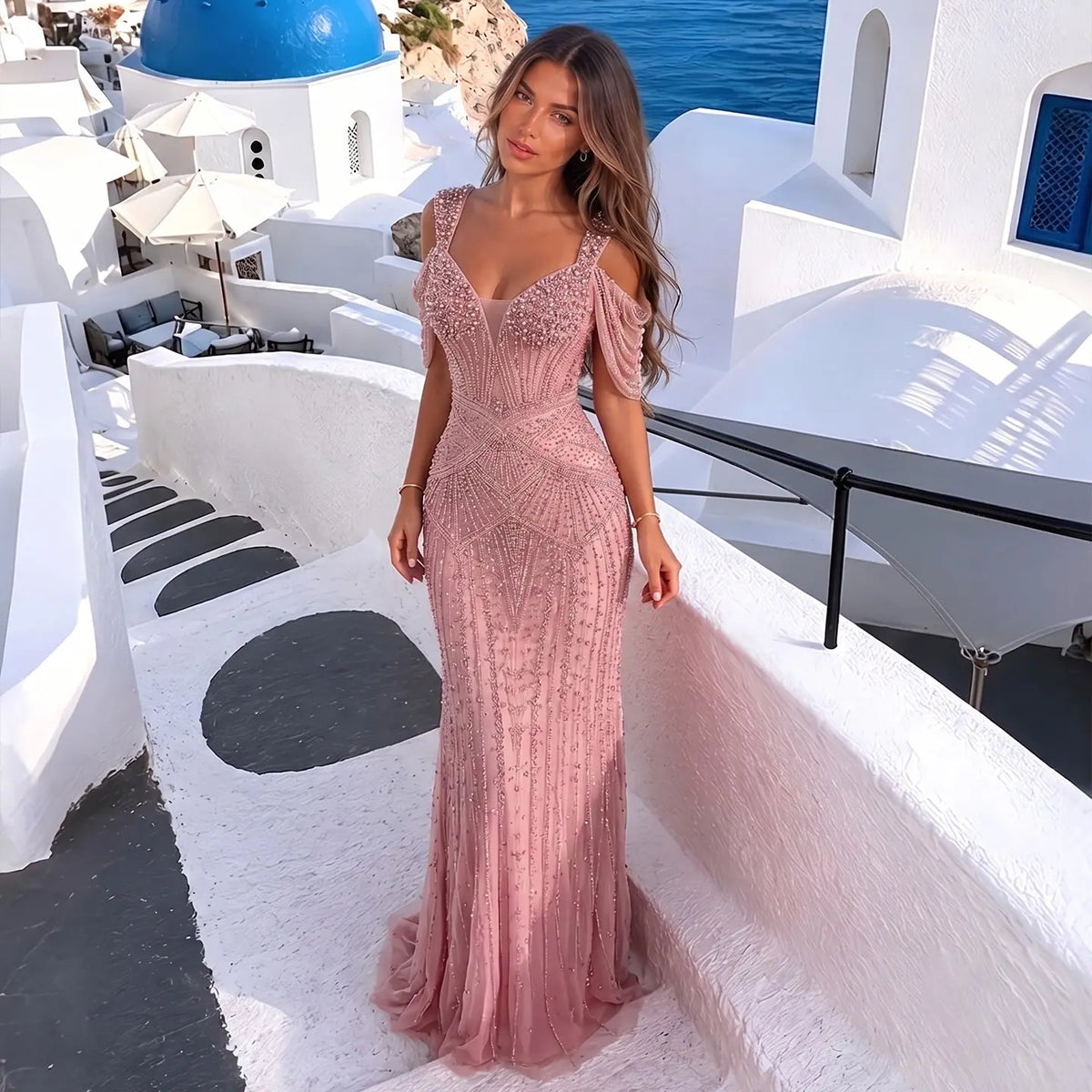 Pink Beaded Mermaid Strap Evening Dress SS193