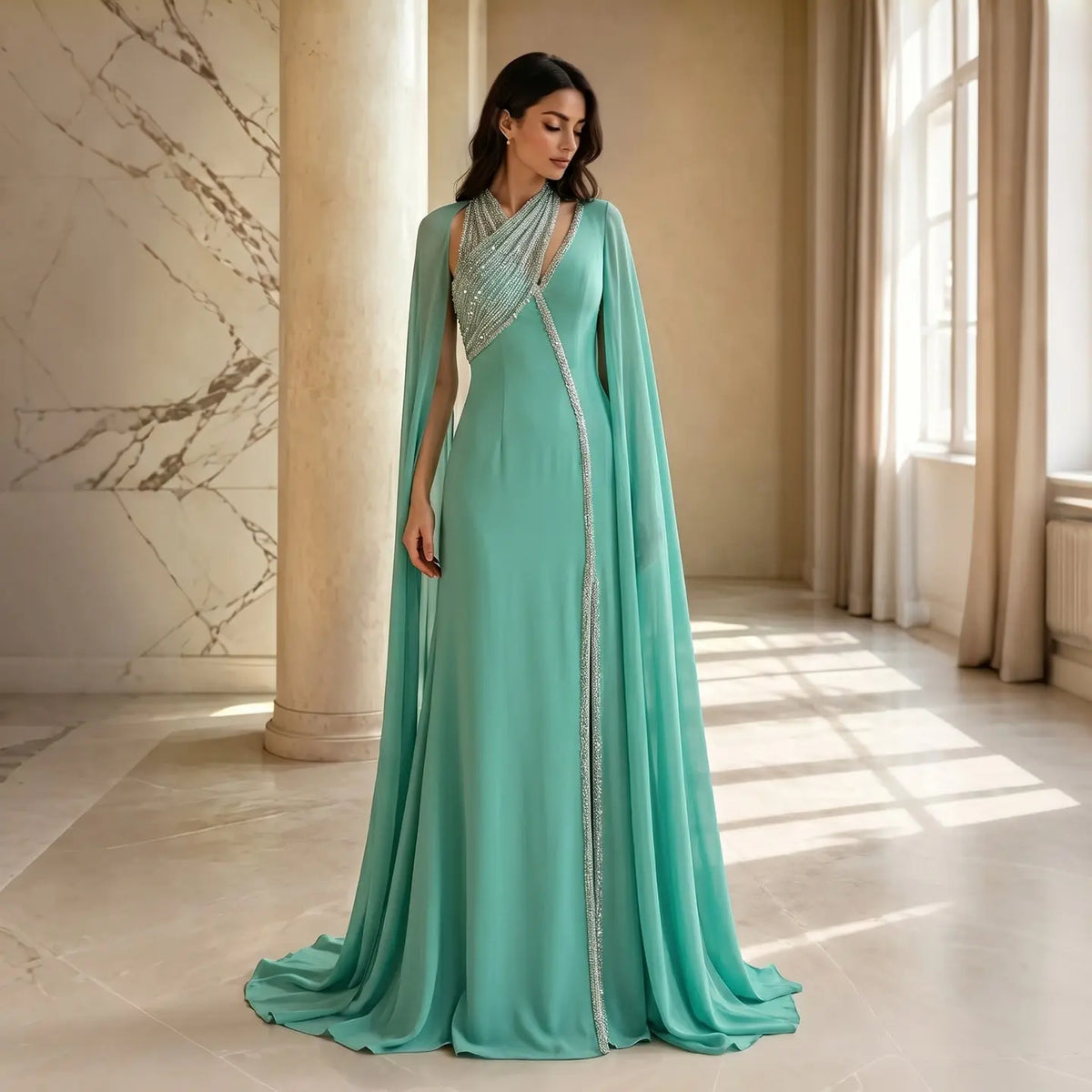 Luxury Green Halter Evening Dress with Cape Sleeves SS474