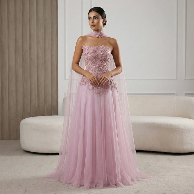 Luxury Pink 3D Floral Strapless Tulle Cape Evening Dress with Scarf SS239 