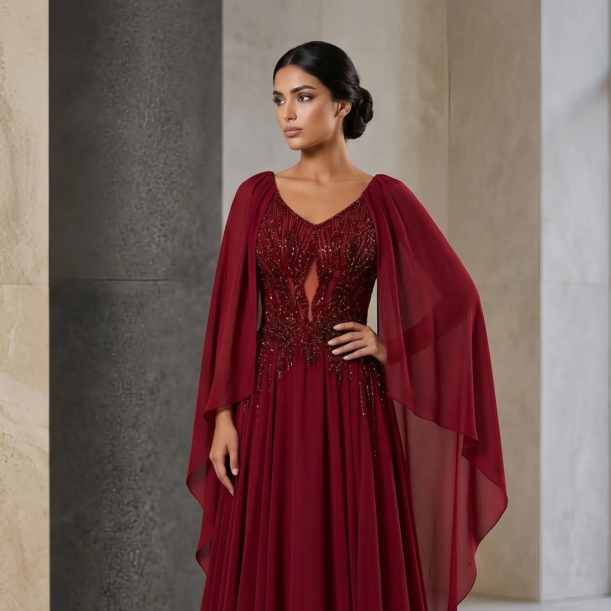 Luxury Purple V-Neck Beaded Chiffon Evening Dress with Cape Sleeves SS053 
