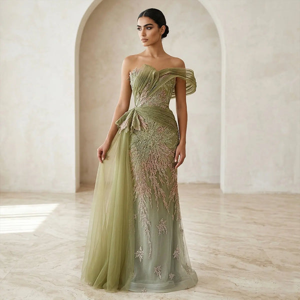 Romantic Gradient Green Draped Beaded Mermaid Evening Dress with Overskirt SS293