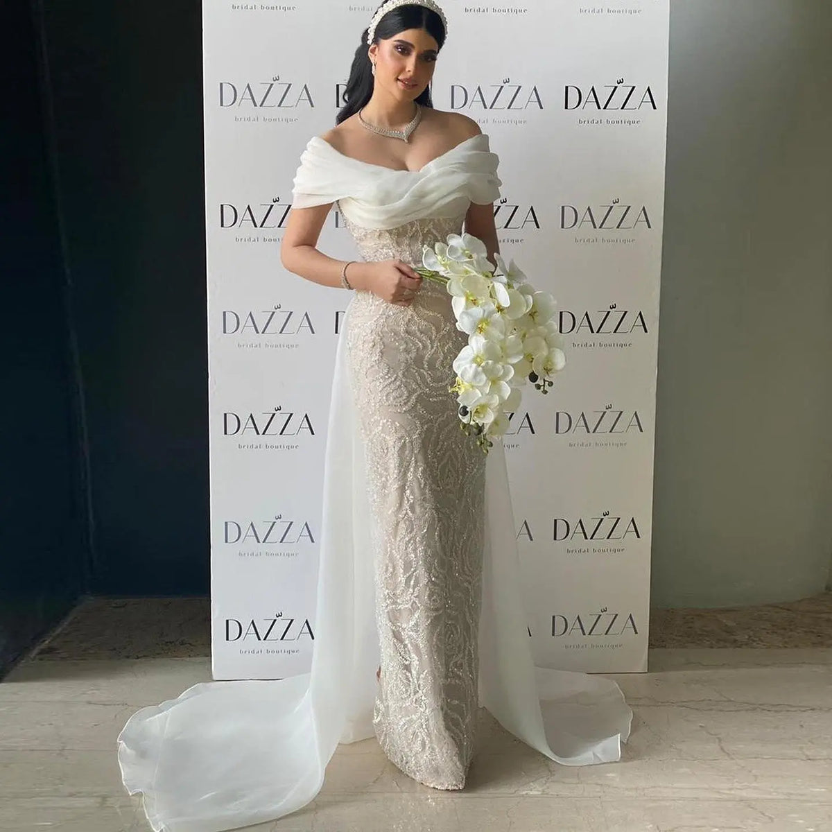 Elegant White Off-Shoulder Beaded Mermaid Evening Dress with Sheer Tulle Train SS636