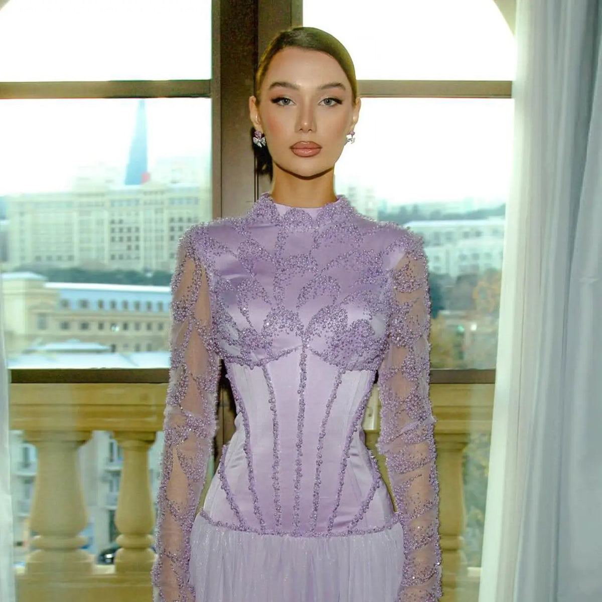 corset dress high neck Elegant Lilac High Neck Beaded Long Sleeve Corset Evening Dress SS786