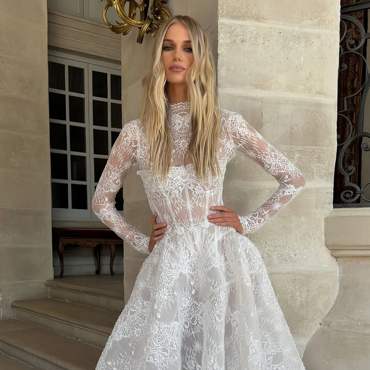 elegant white formal dresses with sleeves Leely Women White A-Line High-Low Party Dress Wrap V Neck Long Sleeves Formal Dress