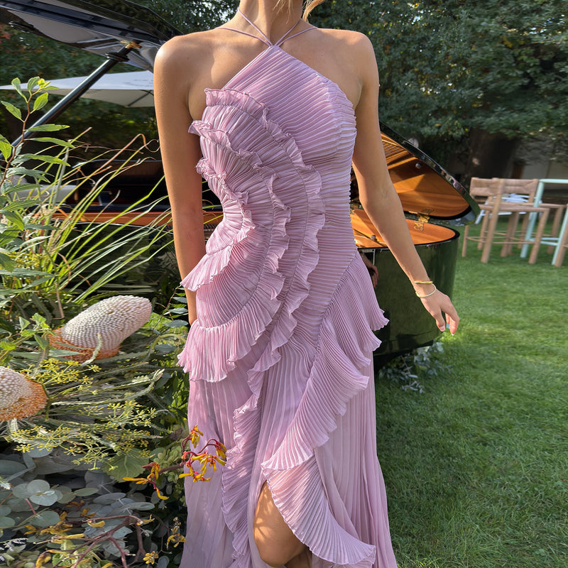 Luxury Lilac Ruffled Strapless High-Slit Evening Dress SF454 