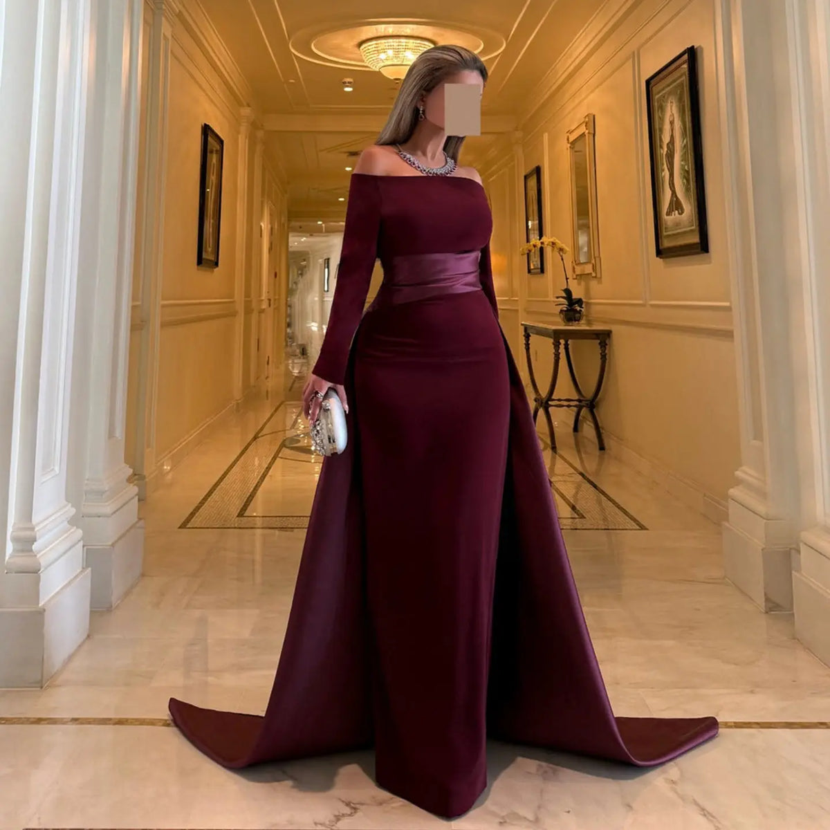 Romantic Burgundy Off-the-Shoulder Evening Dress with Fitted Bodice and Dramatic Train SF318 Romantic Burgundy Off-the-Shoulder Evening Dress with Fitted Bodice and Dramatic Train SF318