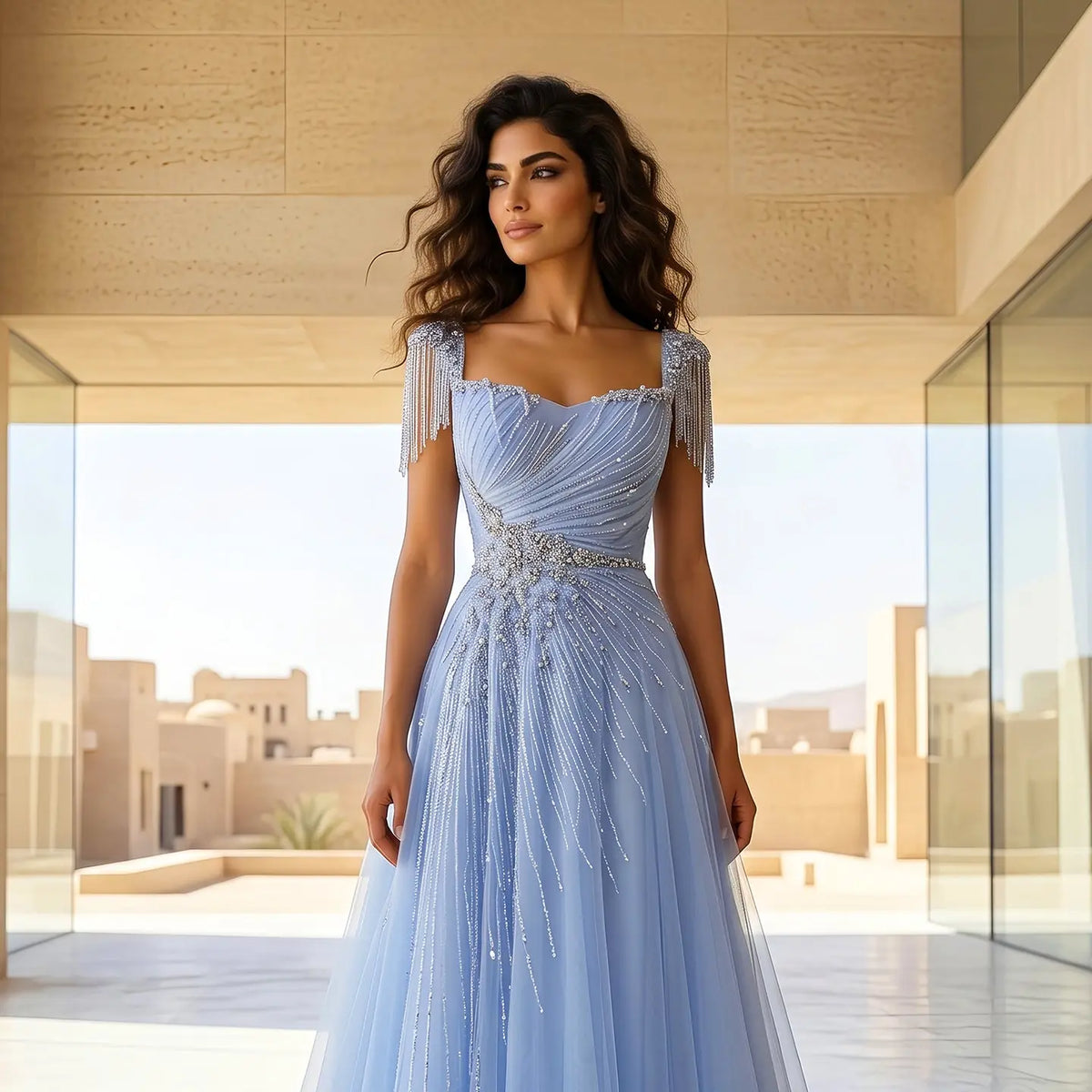 Luxury Blue Tassel Beaded Tulle A-Line Evening Dress SS058 