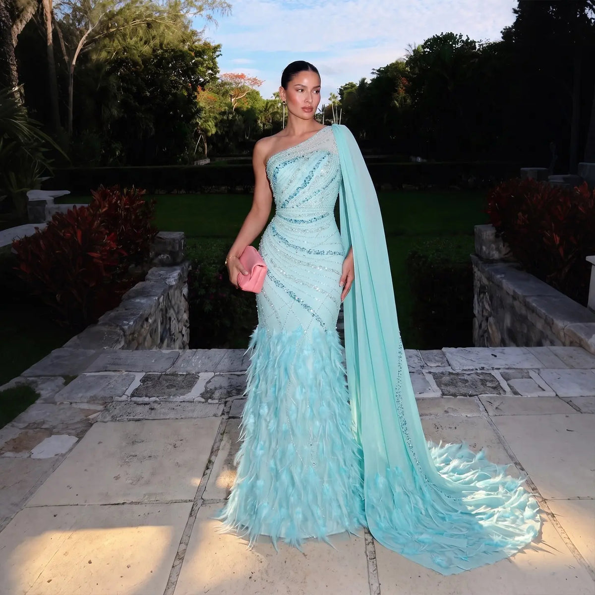 Luxury Feather Turquoise One Shoulder Evening Dress SS498