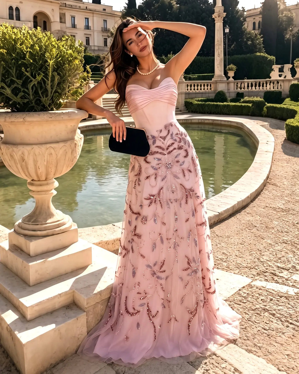 Pink Embroidered Beaded Fitted Evening Dress SS529
