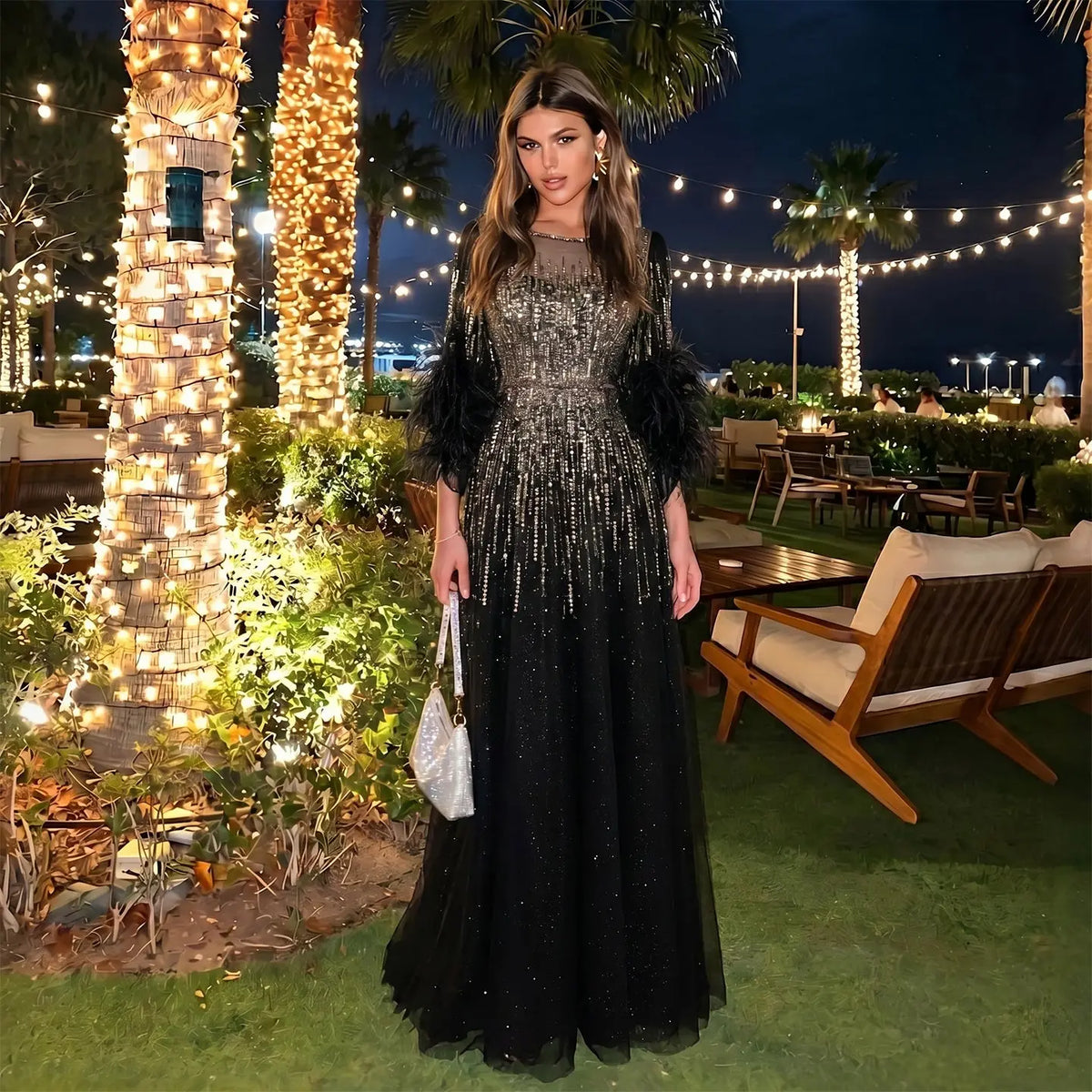Luxury Feathers Black Half Sleeve Evening Dress SS339
