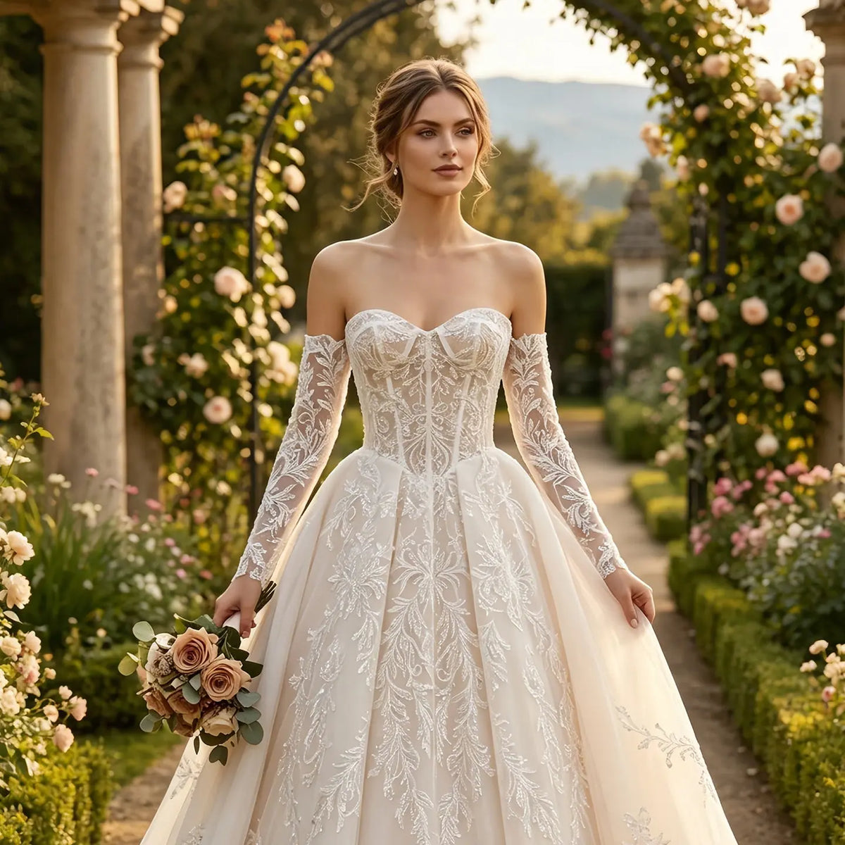 Elegant Ivory Strapless Corset Lace Tulle Bridal Gown Wedding Dress with Long Detachable Sleeves SW703