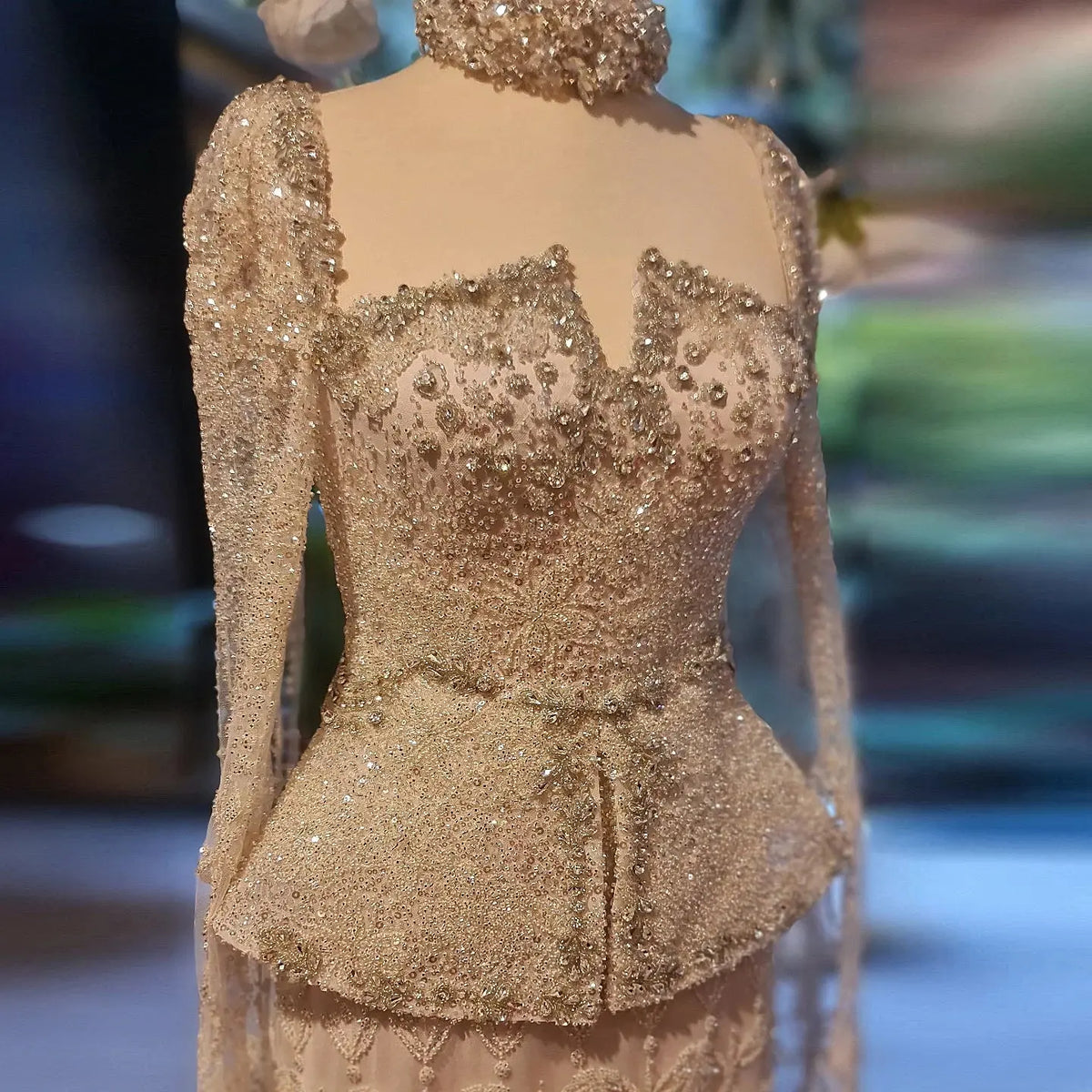 Elegant Silver High Neck Sheer Fitted Evening Dress with Cape Sleeve SS531 