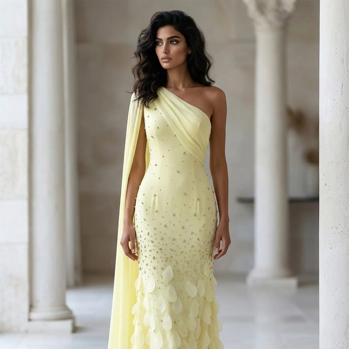 Luxury Yellow Crystal 3D Floral Fitted Evening Dress XD034 