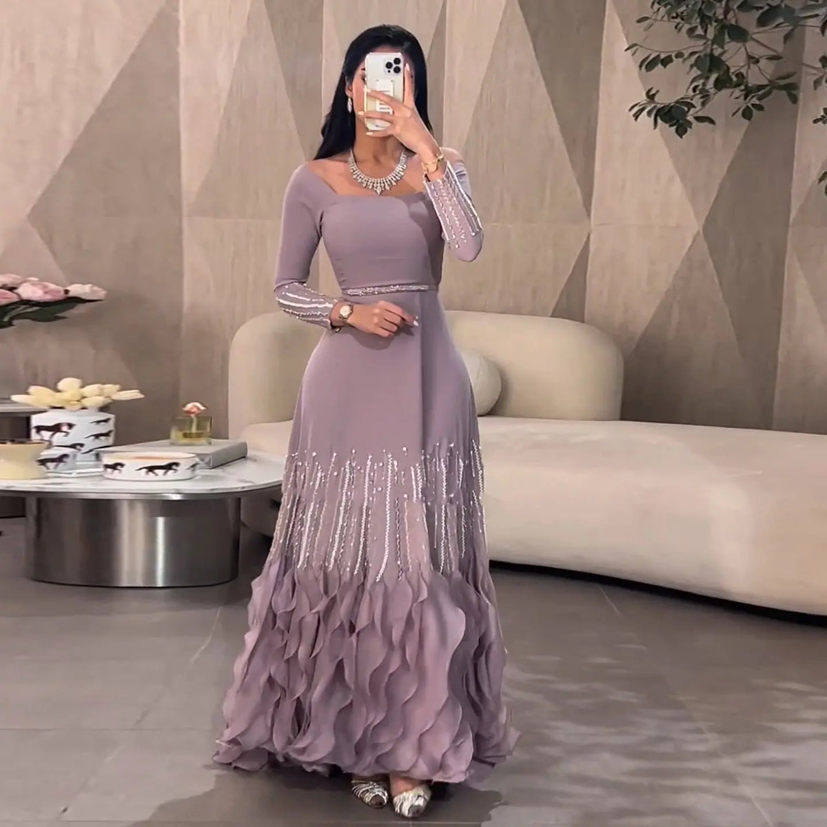 Luxury Lilac Ruffles Long Sleeve Evening Dress SS579 Luxury Lilac Ruffles Long Sleeve Evening Dress SS579