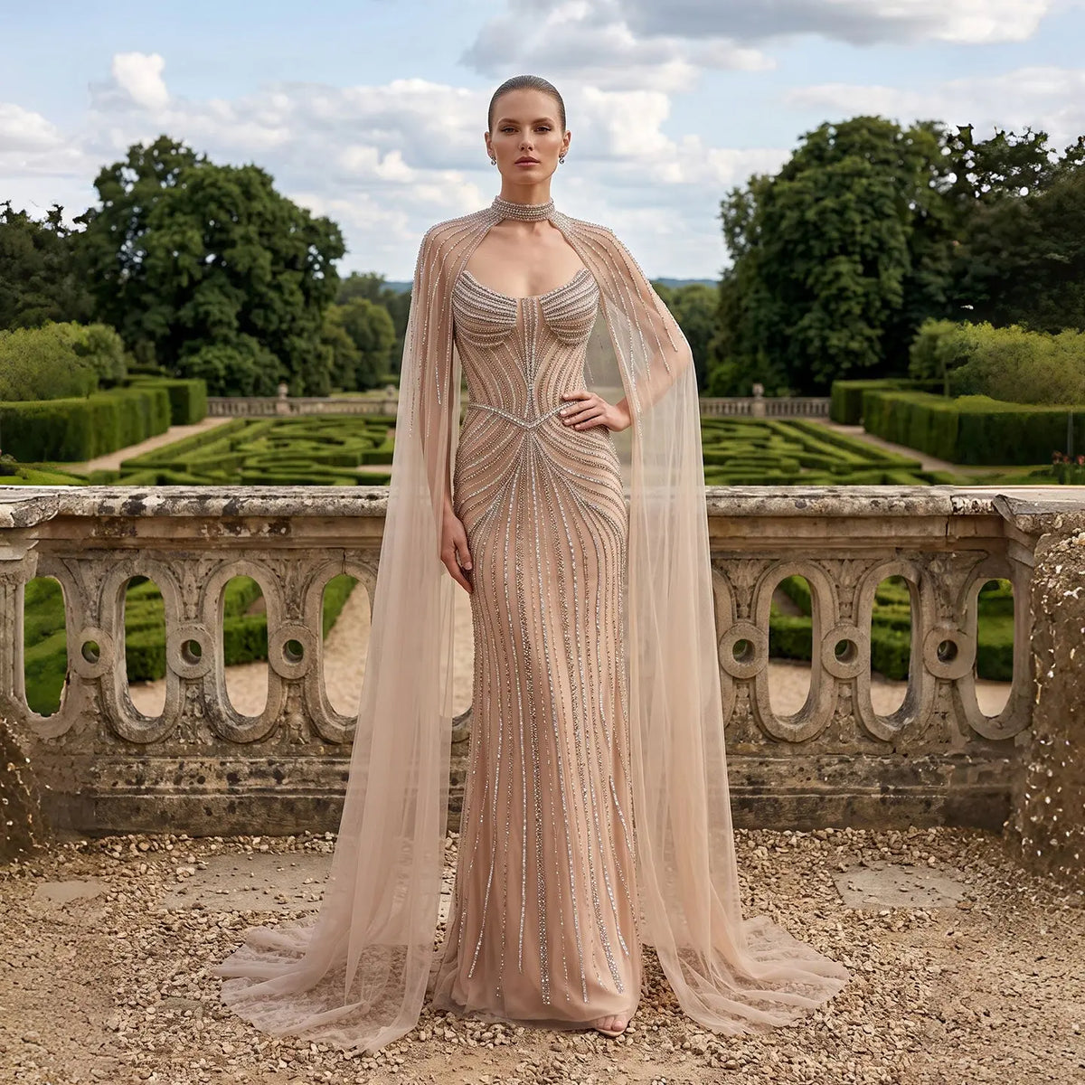 Champagne Beaded Mermaid Formal Evening Dress SS140-3