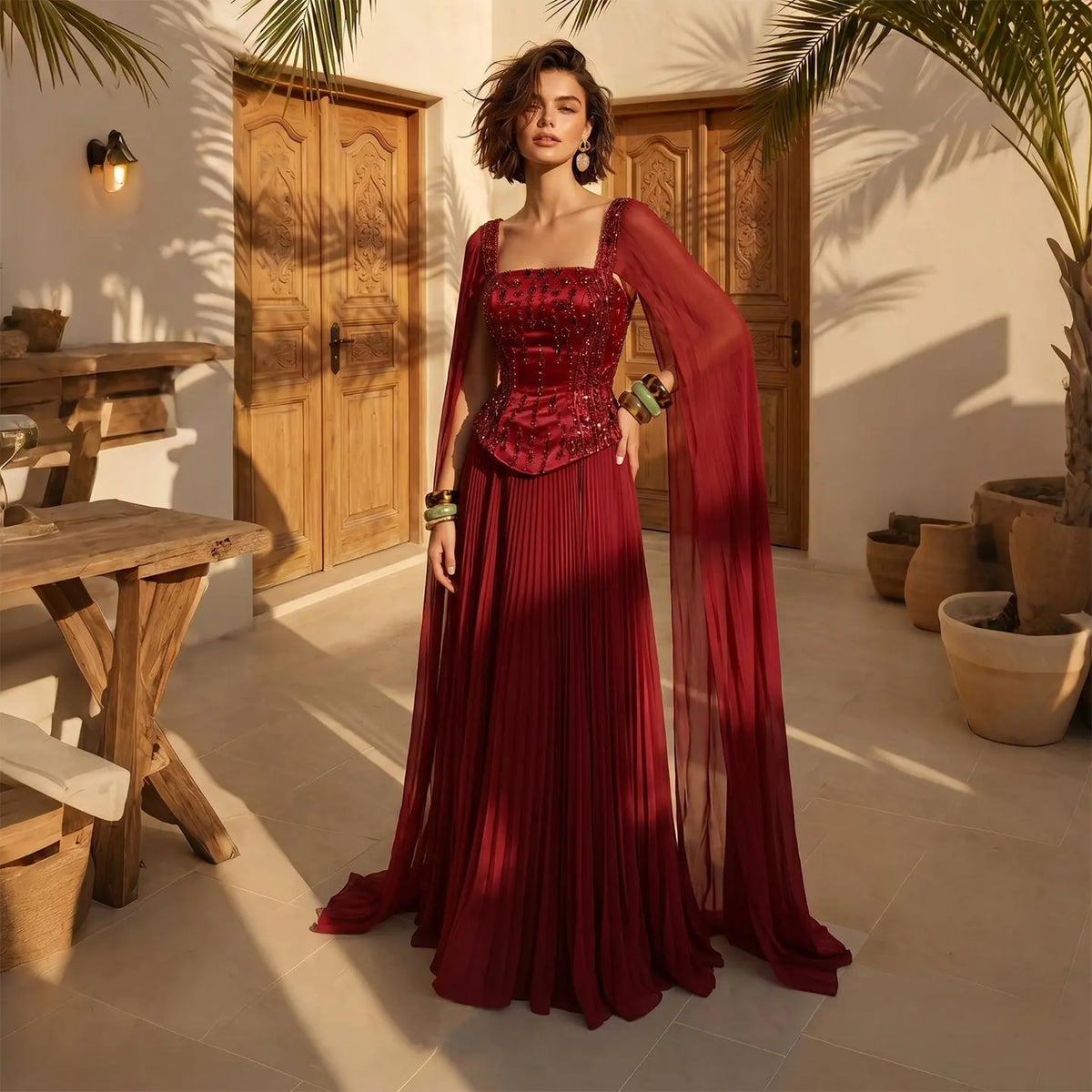 Elegant Wine Red Beaded Corset Evening Dress with Cape Sleeves SS349