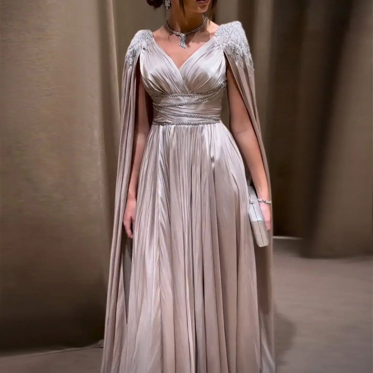 Luxury Crystal Rose Gold Evening Dress with Cape SS589 Luxury Crystal Rose Gold Evening Dress with Cape SS589