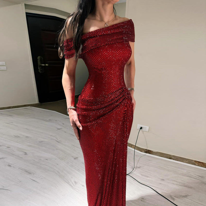 Luxury Wine Red Off-Shoulder Sequin Folds Evening Dress SS670 