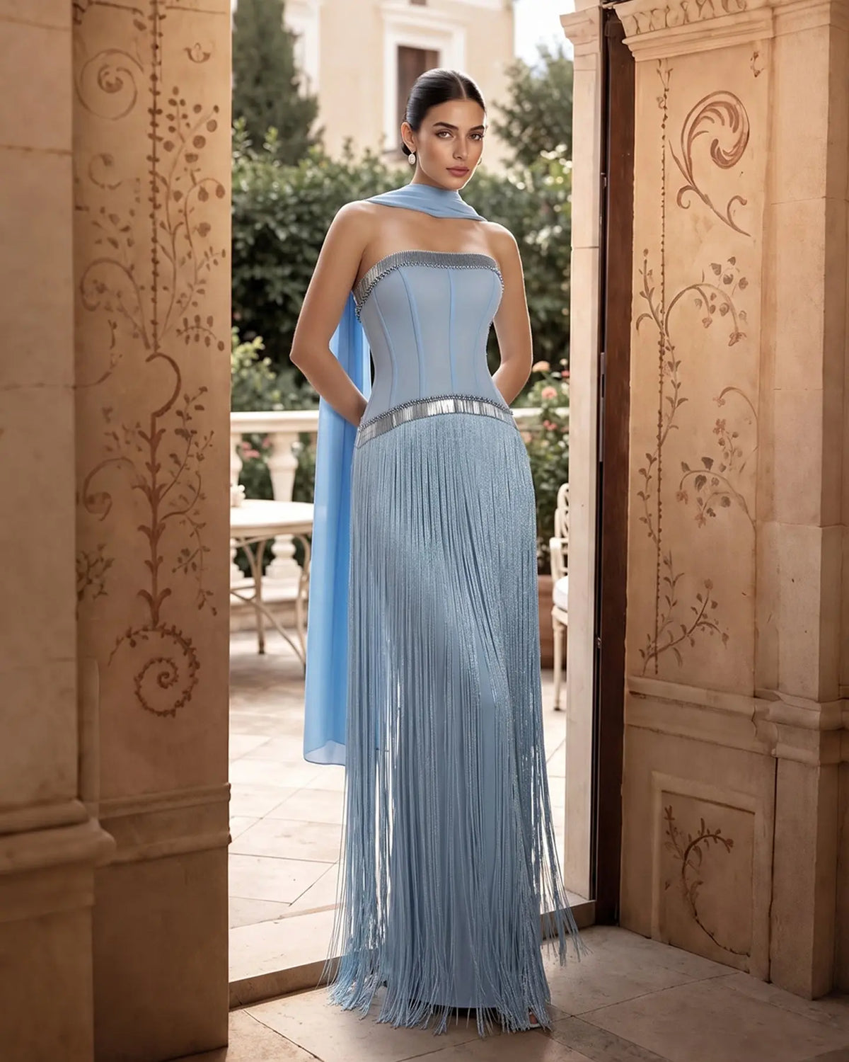 Elegant Blue Strapless Crystal Fringe Evening Dress SS520