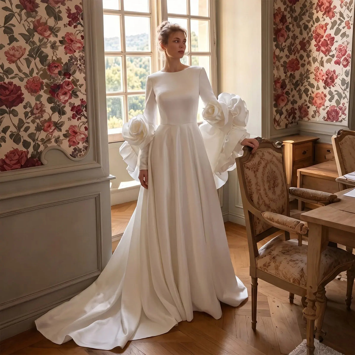 Ivory 3D Floral Satin A Line Wedding Dress SW661