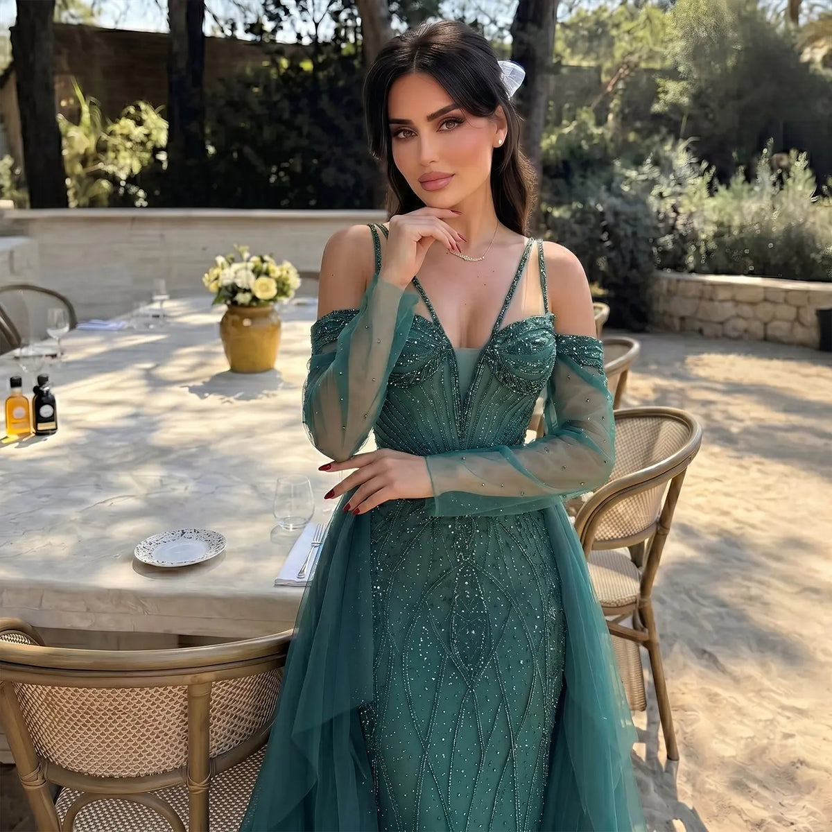 Luxury Teal Off-Shoulder Beaded Evening Dress with Sheer Tulle Sleeves SS123